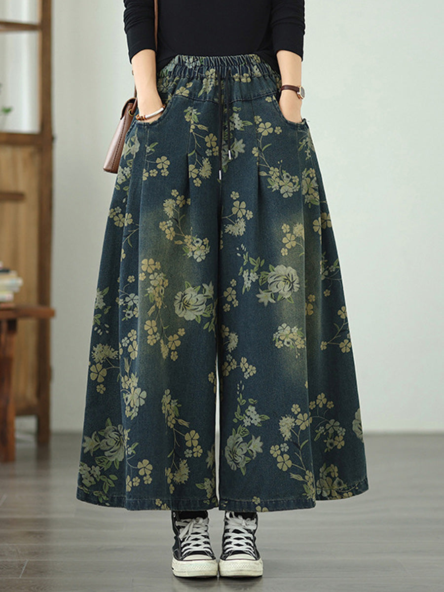 Women Autumn Retro Flower Denim Wide-leg Pants