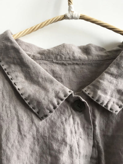 Women Autumn Retro Pure Color Linen Turn-down Collar Shirt