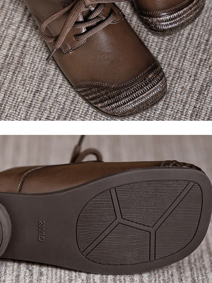 Women Autumn Vintage Leather Spliced Low Heel Shoes