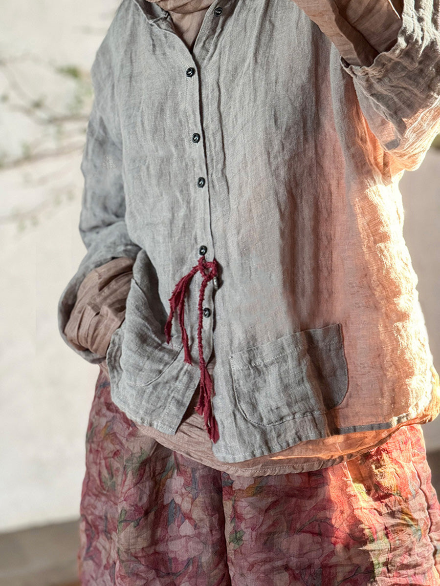 Plus Size Women Summer Vintage Linen Solid Button-up Hooded Shirt