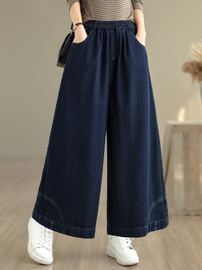 Women Autumn Retro Washed Denim Wide-leg Pants
