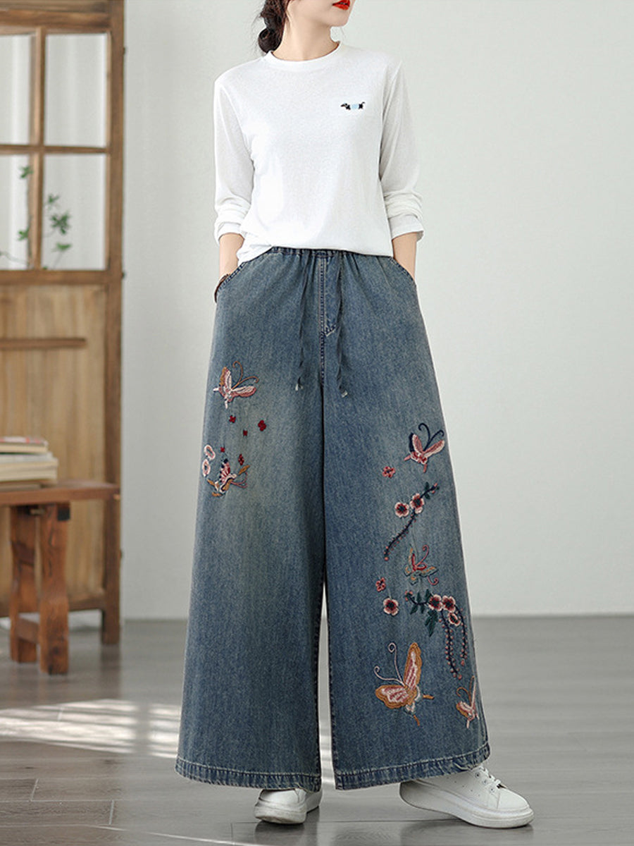 Women Autumn Artsy Embroidery Denim Wide-leg Pants