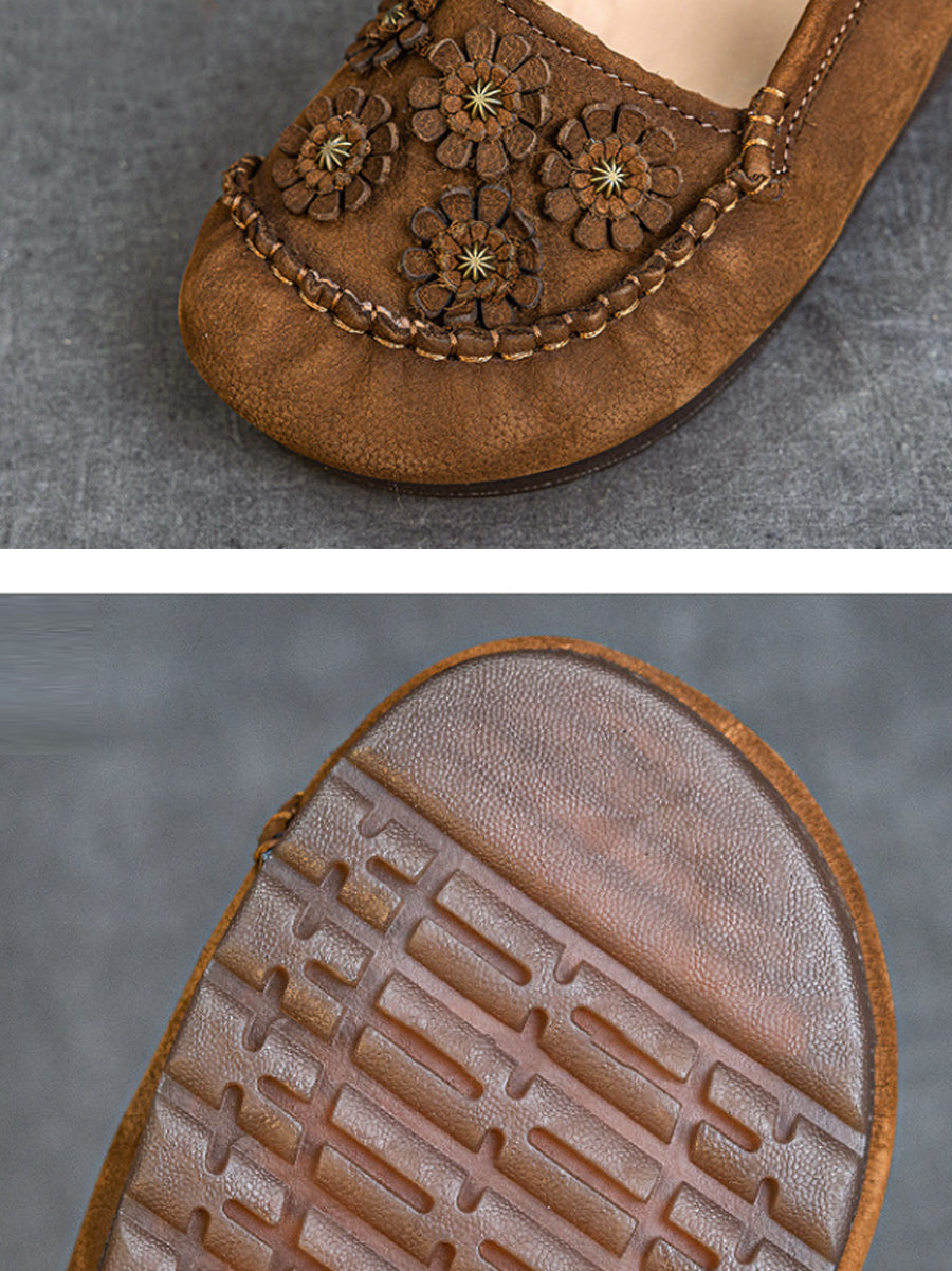Women Summer Vintage Flower Leather Low Heel Shoes