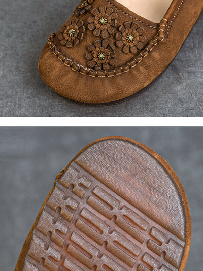 Women Summer Vintage Flower Leather Low Heel Shoes