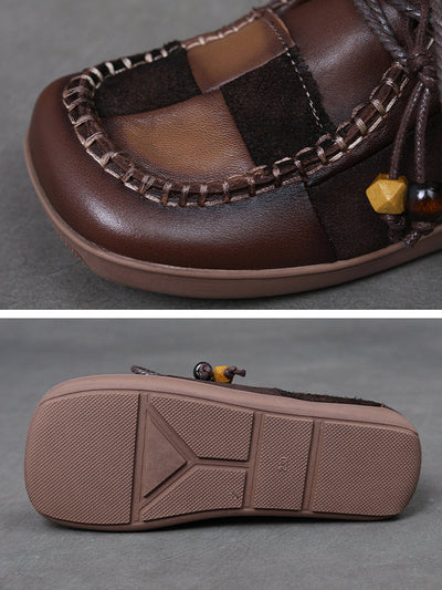 Women Retro Genuine Leather Plaid Spliced Flat Shoes