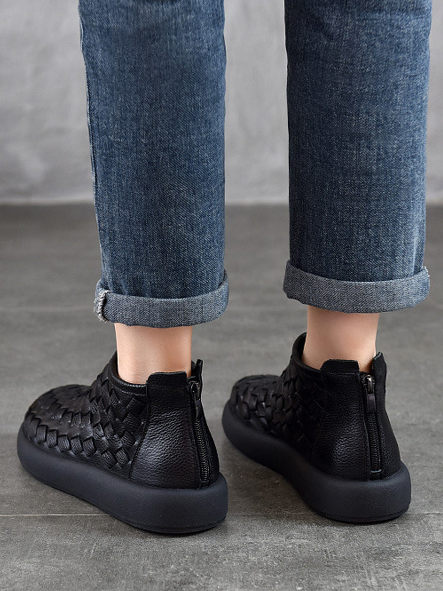 Women Retro Genuine Leather Weave Ankle Boots