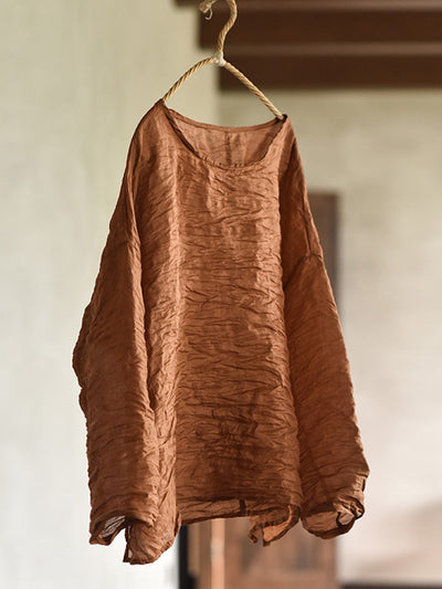 Plus Size Women Summer Solid Vintage O-Neck Split Hem Ramie Shirt