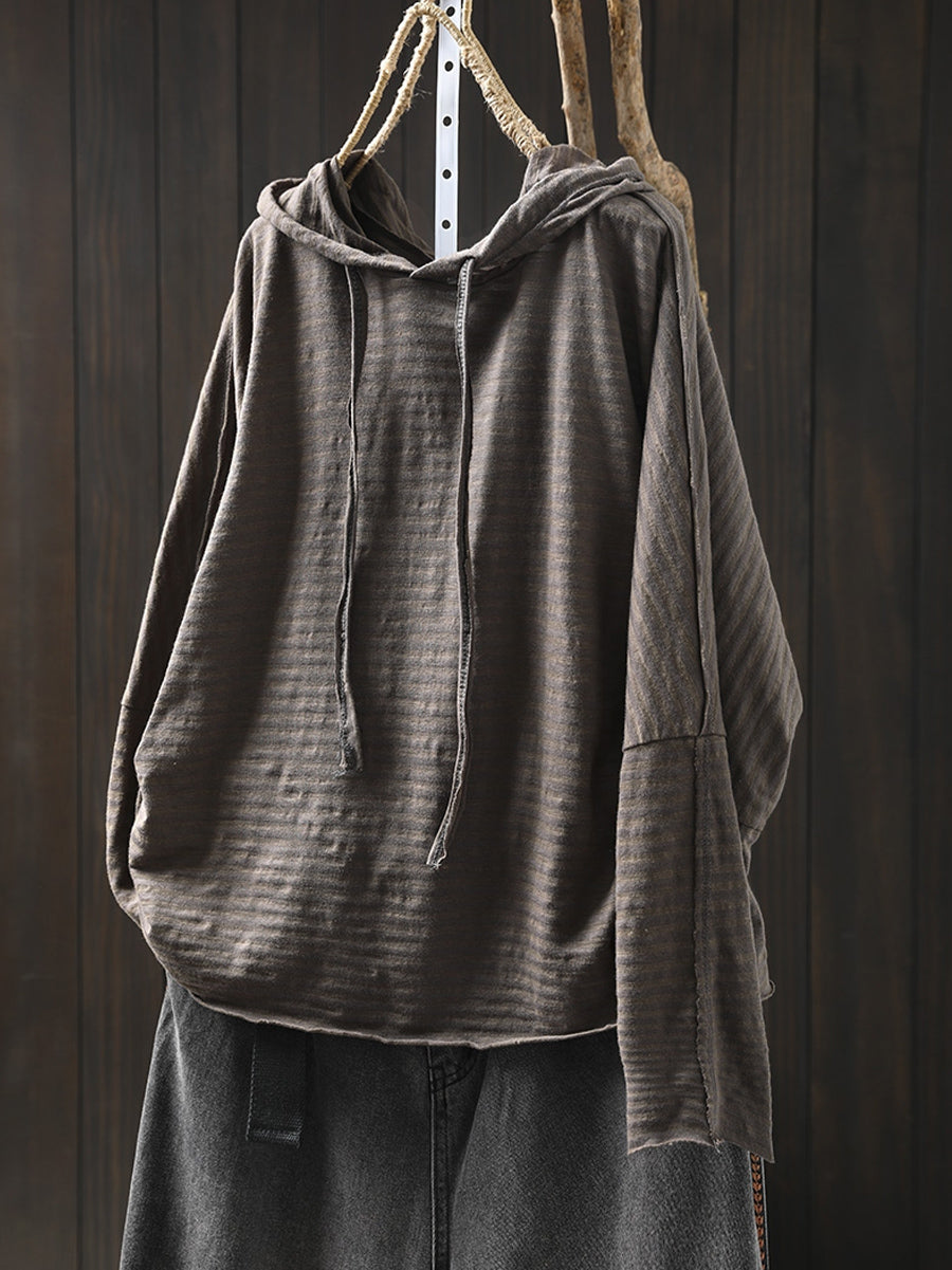Plus Size Women Autumn Artsy Stripe Cotton Hooded Shirt