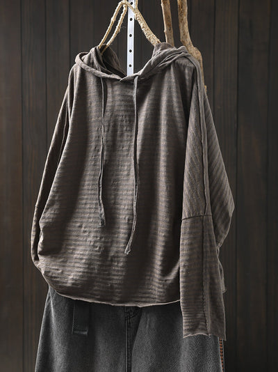 Plus Size Women Autumn Artsy Stripe Cotton Hooded Shirt