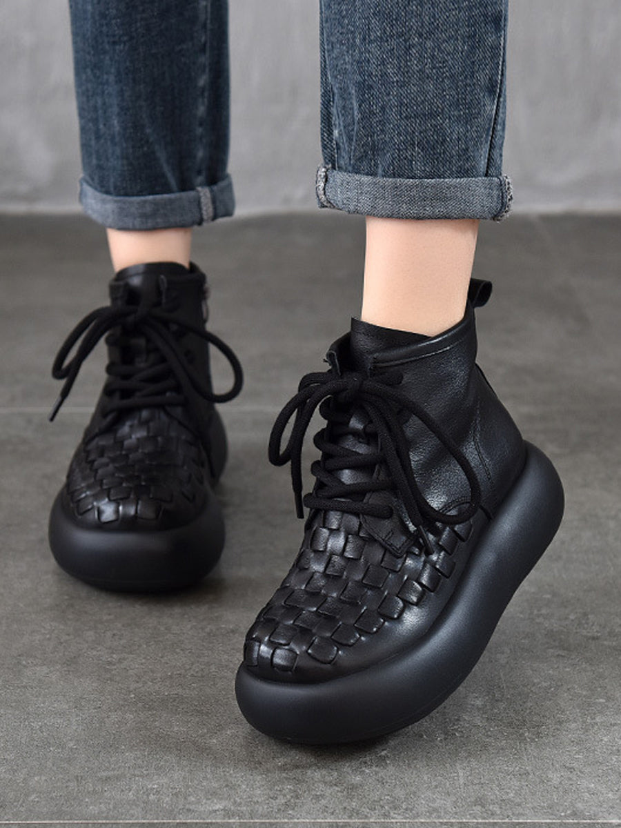 Women Vintage Leather Spliced Platform Ankle Boots