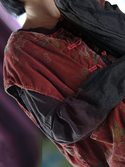 Women Autumn Retro Flower O-Neck Cotton Padded Vest