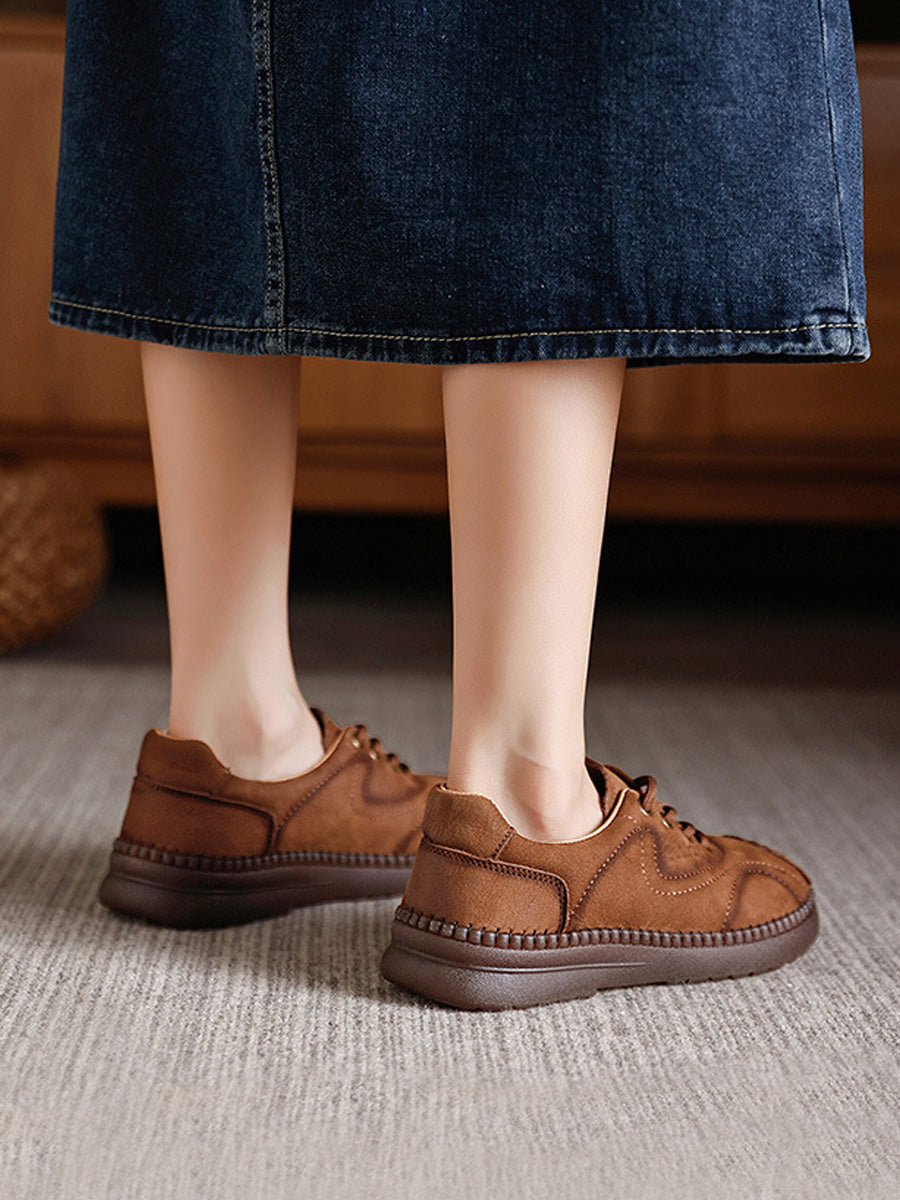 Women Autumn Leather Spliced Strap Flat Shoes