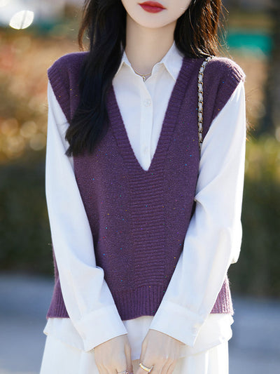 Women Autumn Casual Pure Color V-Neck Knitted Vest