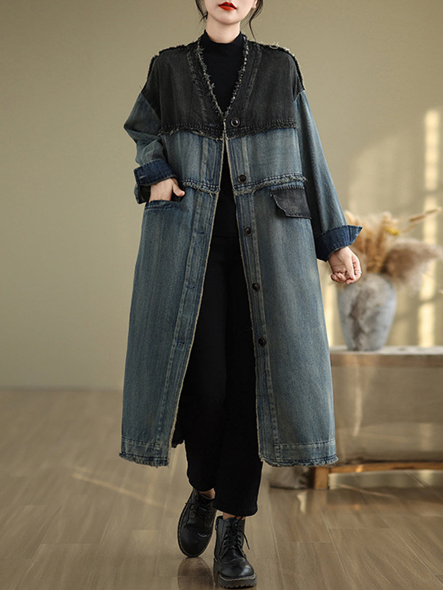 Women Winter Retro Denim Spliced V-Neck Coat