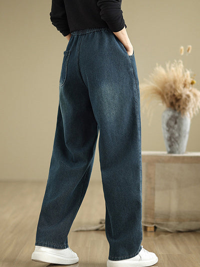 Women Autumn Retro Fleece-lined Denim Straight Pants