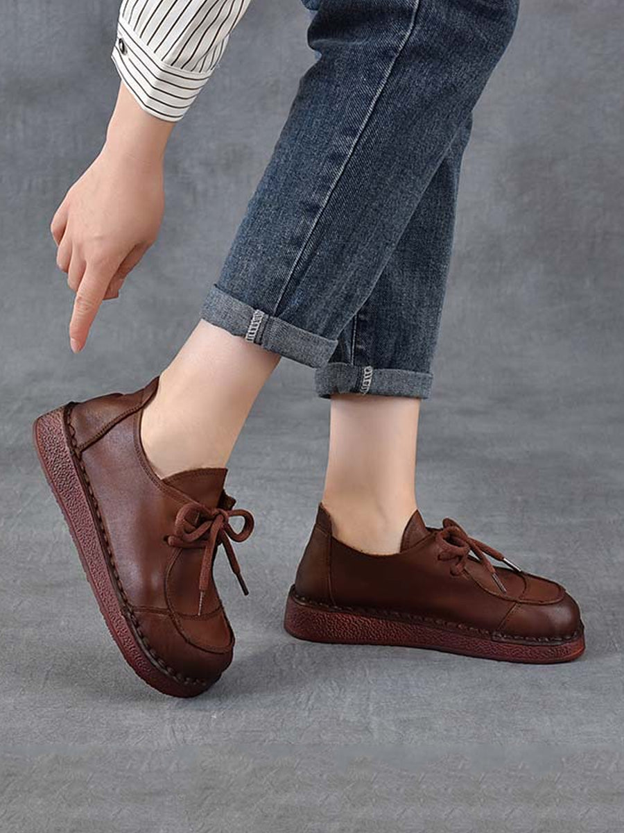 Women Autumn Vintage Soft Leather Mid Heel Shoes