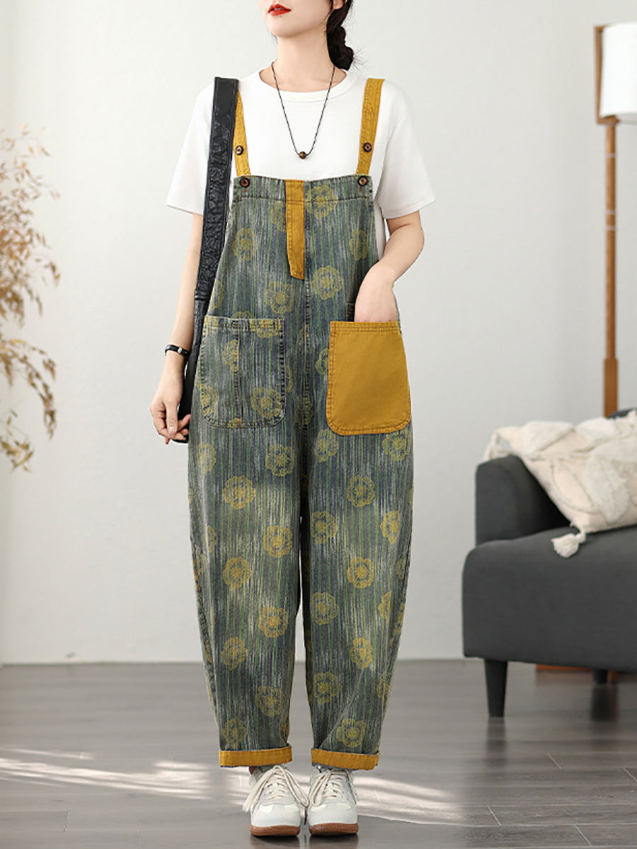 Women Summer Fashion Flower Stripe Denim Jumpsuits