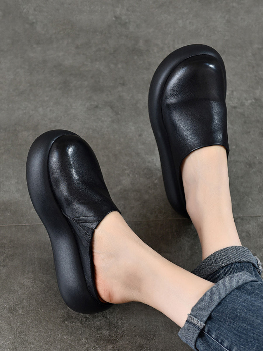 Women Summer Pure Color Soft Leather Platform Slippers