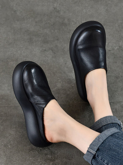 Women Summer Pure Color Soft Leather Platform Slippers