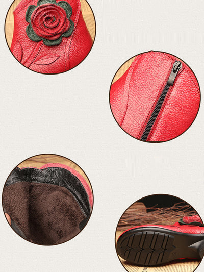 Women Autumn Artsy Flower Leather Spliced Mid Heel Boots