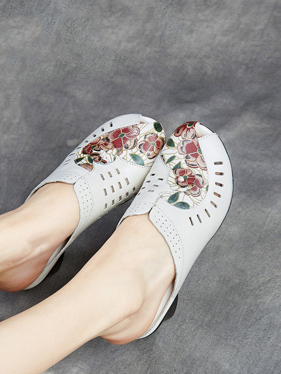 Women Summer Ethnic Flower Leather Spliced Mid Heel Slippers