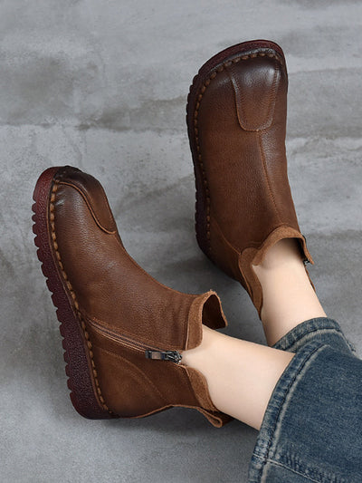 Women Vintage Leather Spliced Flat Ankle Boots