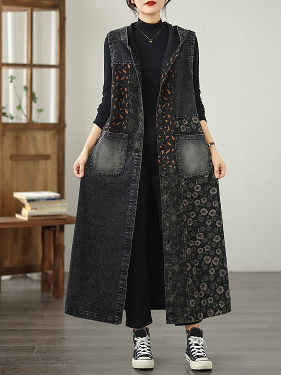 Women Vintage Denim Flower Spliced Hooded Vest Coat