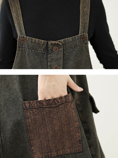 Women Autumn Retro Denim Spliced Jumpsuits