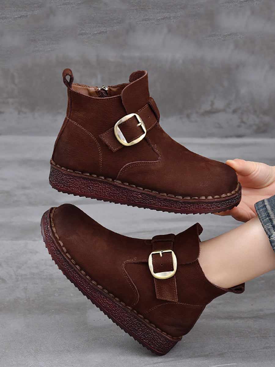 Women Vintage Winter Leather Zipper Low Heel Boots