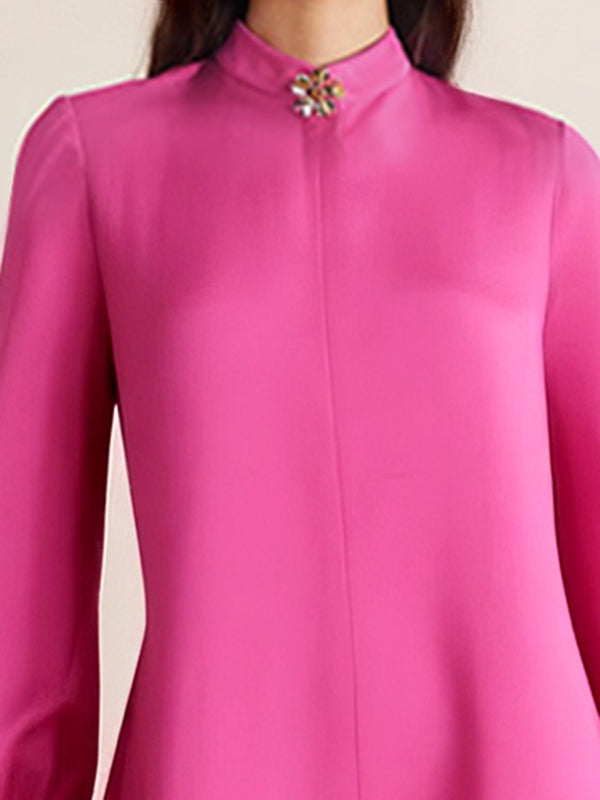 Puff Sleeves Solid Color Split-Joint Round-Neck Maxi Dresses Shirt Dress