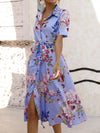 A-Line Loose Buttoned Flower Print Tied Waist Lapel Midi Dresses