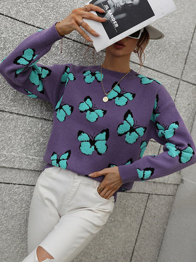 Original Long Sleeves Loose Butterfly Print Contrast Color Round-Neck Sweater Tops