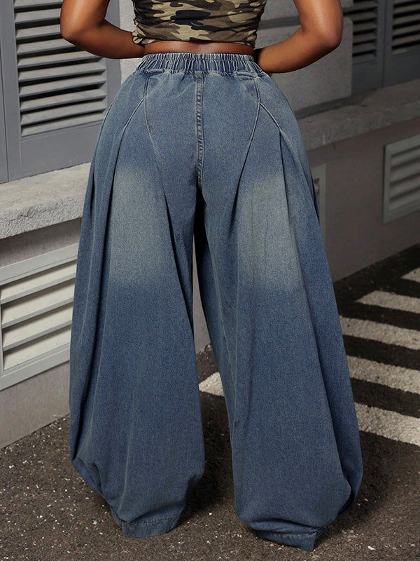Loose Elasticity Pockets Solid Color Jean Pants Bottoms Trousers