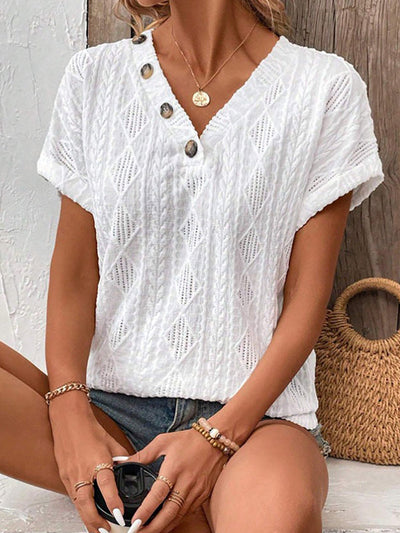 Loose Short Sleeves Buttoned Solid Color V-Neck T-Shirts Tops