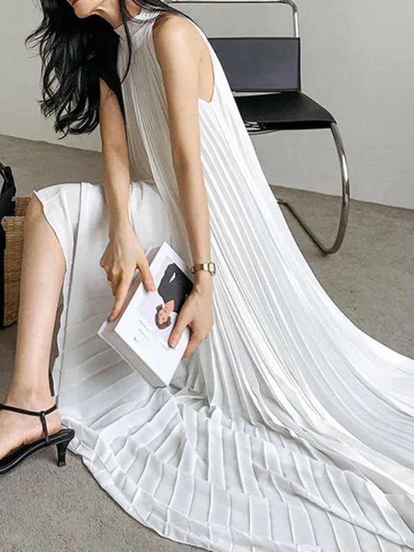 Loose Pleated Solid Color Stand Collar Maxi Dresses