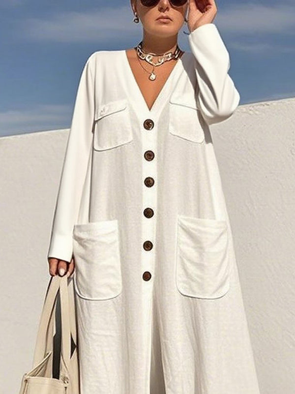 Long Sleeves Loose Buttoned Pockets V-Neck Jumpsuits