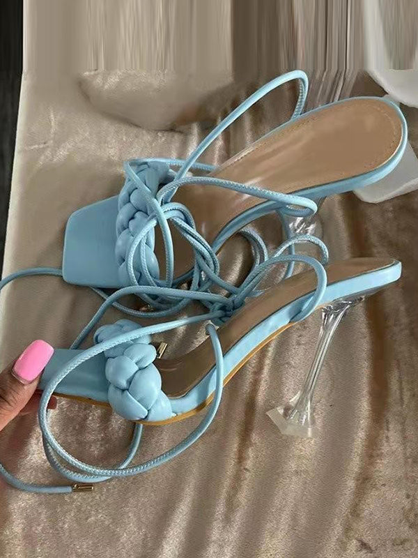 Lace-Up Open Toe Split-Joint Square-Toe Pumps Sandals