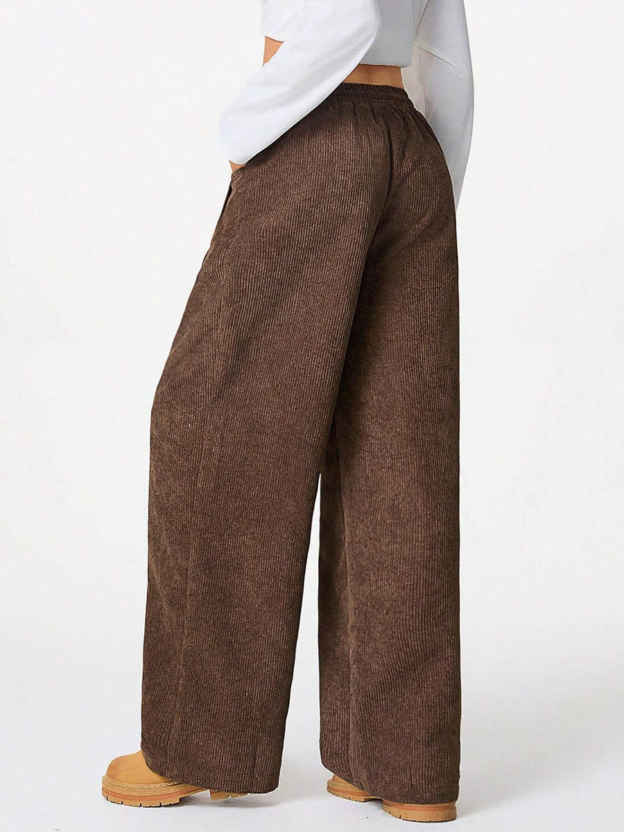 High Waisted Wide Leg Drawstring Elasticity Pockets Solid Color Pants Trousers