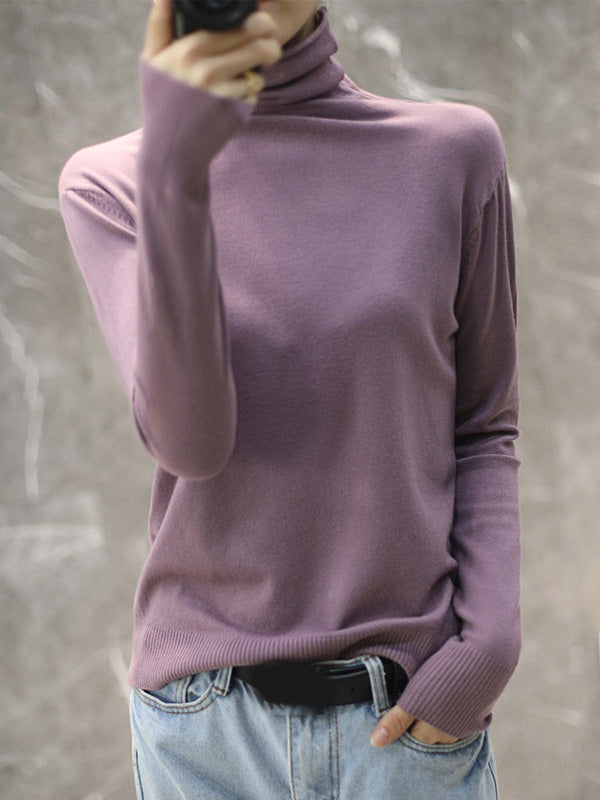Solid Color Heaps Collar Long Sleeve Knitwear Tops