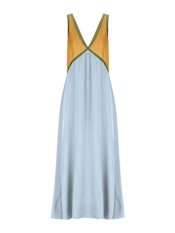 Loose Sleeveless Contrast Color Split-Joint Deep V-Neck Maxi Dresses