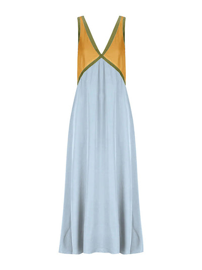 Loose Sleeveless Contrast Color Split-Joint Deep V-Neck Maxi Dresses