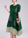 A-Line Loose Flower Print Pleated Round-Neck Midi Dresses