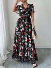A-Line Loose Contrast Color Elasticity Flower Print Pleated V-Neck Maxi Dresses