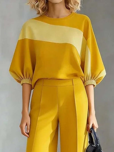 Batwing Sleeves Loose Contrast Color Pleated Split-Joint Round-Neck Blouses&Shirts Tops