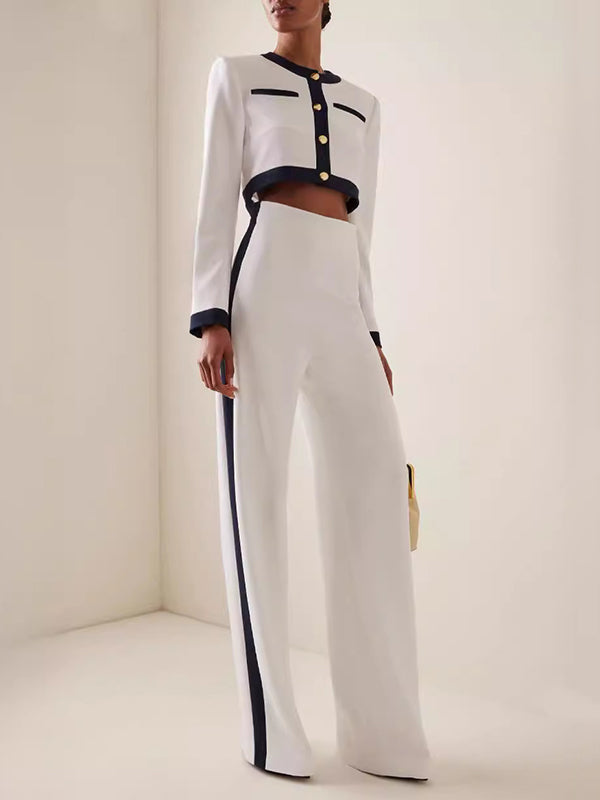 Long Sleeves Buttoned Split-Joint Round-Neck Blouses&Shirts Tops + High Waisted Pants Bottom Two Pieces Set