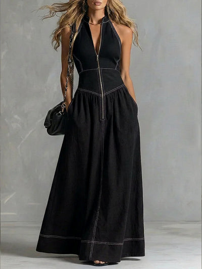 A-Line High Waisted Pleated Pockets Solid Color Zipper Stand Collar Maxi Dresses