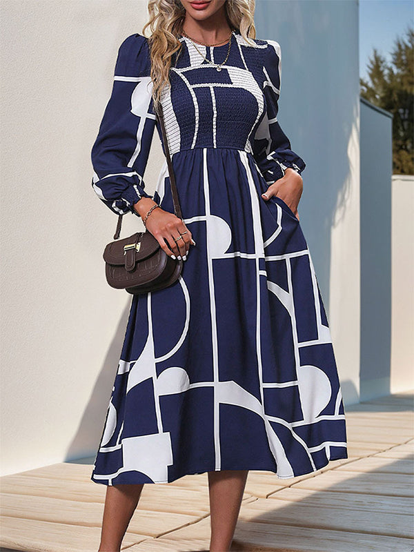 A-Line High Waisted Elasticity Printed Split-Joint Round-Neck Midi Dresses
