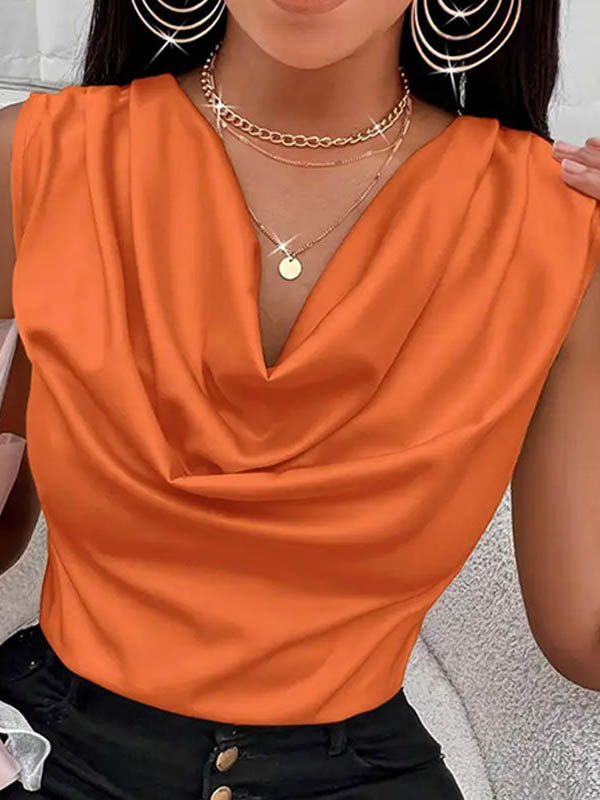 Loose Sleeveless Pleated Solid Color V-Neck Vest Top