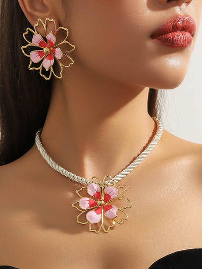 Flower Shape Hollow Leopard Earrings Accessories + Necklaces Accessories Three Pieces