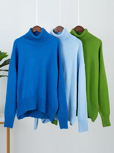 High-Low Long Sleeves Solid Color Split-Joint High Neck Sweater Tops